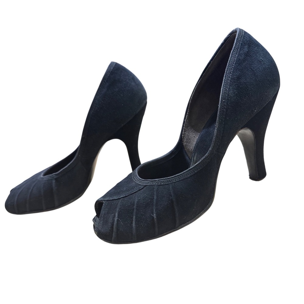 Vintage LifeStride Black Pleated Peep Toe Pumps Retro Mid Century Heels